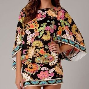 Trina Turk “Nandini” Print Swim CoverUp Tunic Dress Black Pink Floral Paisley XS